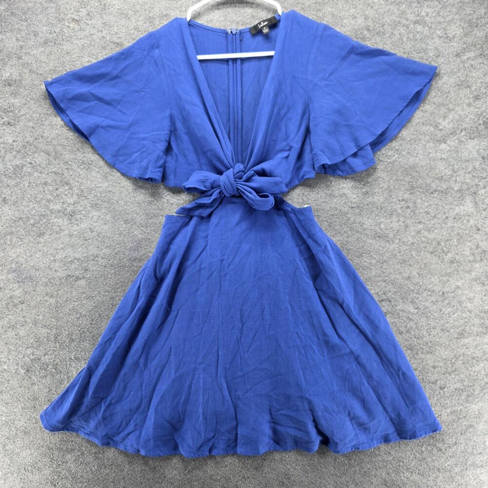 Lulus Dress Womens S Blue Fit & Flare V-Neck Cut Out Tie Front Flutter Sleeve